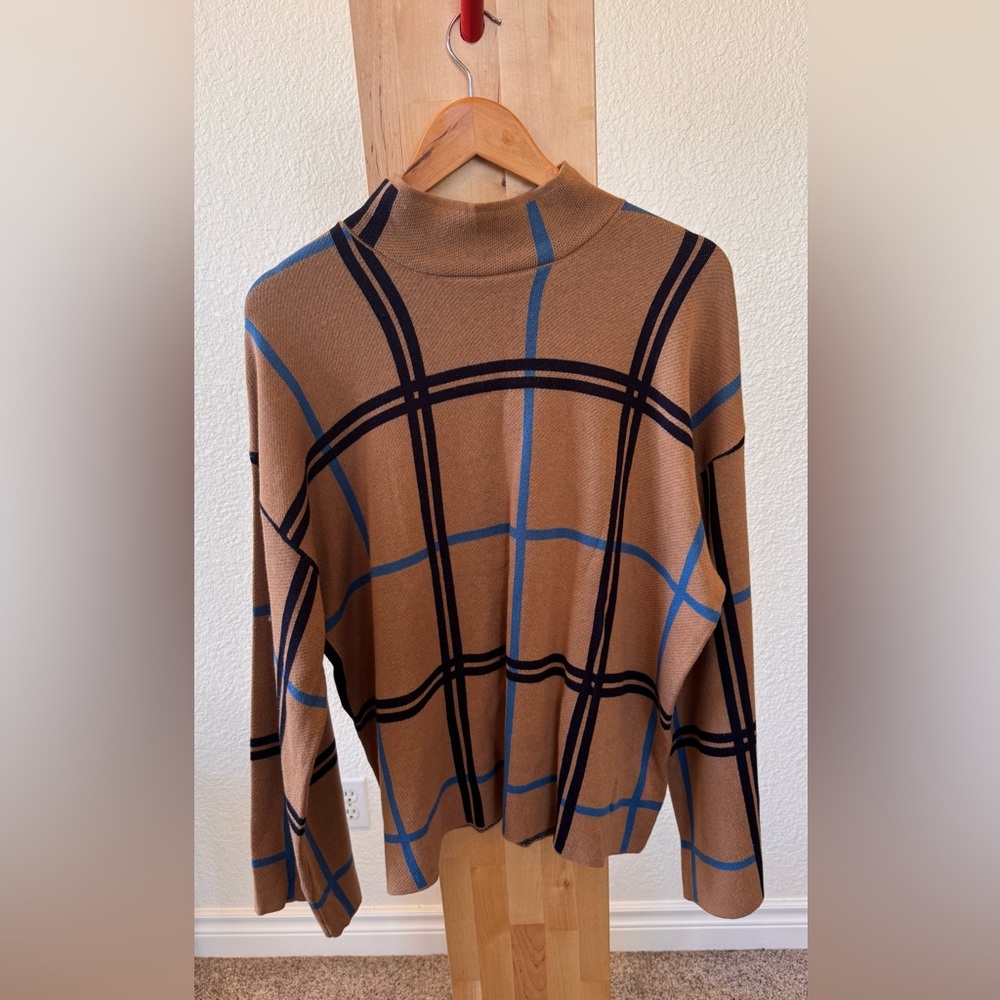 Eloquii Plaid Turtleneck Sweater - Tan and Blue - Picture 2 of 6